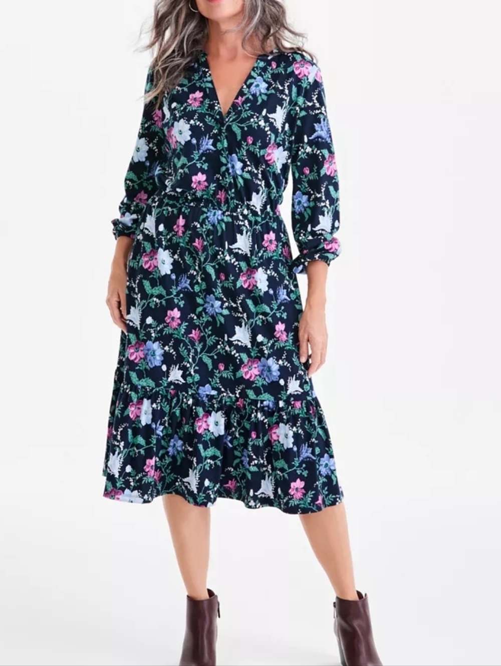 NWT Style & Co Floral V-Neck Midi Dress Black Pink 3/4 Sleeve Size XL